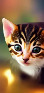 Adorable kitten with green eyes on a colorful background.