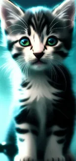 Adorable kitten with glowing neon blue background, captivating eyes.