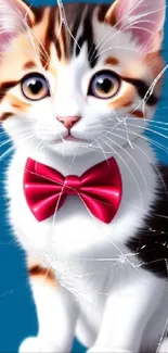 Adorable kitten with red bow tie on blue background.