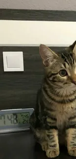 Tabby kitten sitting on a desk beside a digital clock.