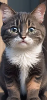 Adorable kitten with big eyes on a wooden floor.