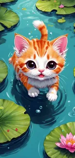 Cute orange kitten in lily pond.