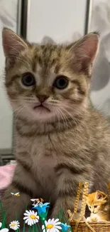 Adorable tabby kitten on a pink blanket with flowers and a basket.