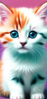 Cute kitten with blue eyes on a purple gradient background.