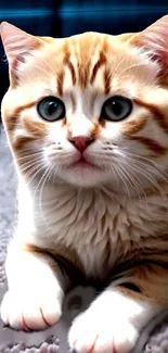 Fluffy orange kitten with blue eyes on carpet.