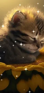 Sleeping kitten on a vibrant sunflower wallpaper.