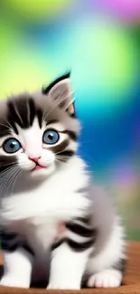 Adorable fluffy kitten with blue eyes on a vibrant green background.