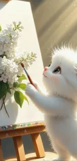 Cute white kitten paints flowers on canvas.