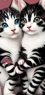 Two adorable kittens with unique eye colors cuddle together.