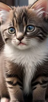 Adorable brown and white kitten sitting.