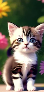 Adorable kitten among colorful spring flowers in a lush green garden.