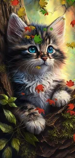 A fluffy kitten with blue eyes sits in a tree surrounded by green leaves.