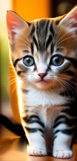 Adorable kitten with bright eyes in a colorful wallpaper.