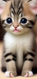 Cute striped kitten with big eyes sitting on a soft surface.