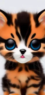 Adorable kitten with orange fur and big blue eyes on a mobile wallpaper.