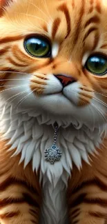 Adorable kitten with fluffy fur and green eyes wearing a pendant.