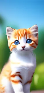 Adorable kitten with blue eyes against a blurred, vibrant background.