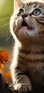 Adorable tabby kitten with blue eyes in a natural setting.