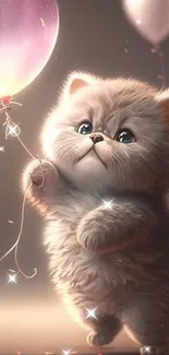 Fluffy kitten holding a pink balloon in charming digital artwork.