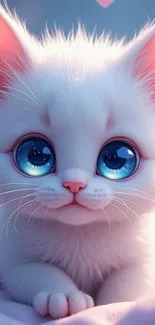 Cute fluffy kitten with big blue eyes and pink hearts.