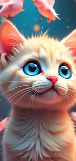 Adorable kitten with birds in a fantasy scene.