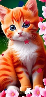 Orange kitten with cherry blossoms wallpaper.