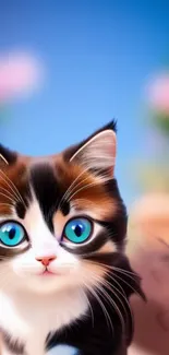 Adorable kitten with striking blue eyes in a colorful background.