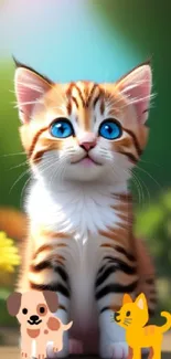 Cute kitten with blue eyes and cartoon animals in a vibrant nature setting.