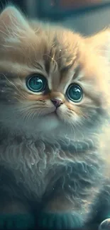 Adorable fluffy kitten with enchanting bubbles on mobile wallpaper