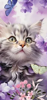 Fluffy kitten with butterflies and lavender flowers background.