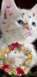 Cute kitten with colorful butterflies on brown background.