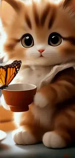 Cute kitten holding a cup with a butterfly perched on it.