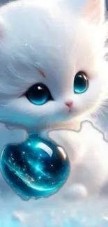 Adorable white kitten holding a blue cosmic bubble on a soft background.