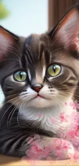 Adorable kitten with pink flowers background.