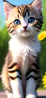 Adorable kitten with blue eyes and striped fur on a sunny lawn with sunflowers.