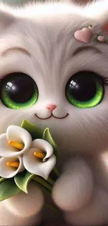 Cute animated kitten with lilies bouquet.