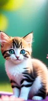 Adorable kitten with colorful flowers on a vibrant green background.