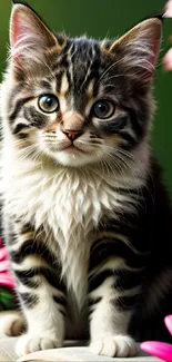 Cute kitten with pink flowers on a book.