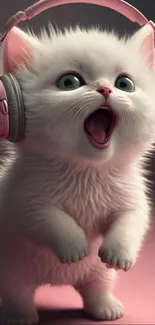 Cute white kitten with pink headphones on a pink background.