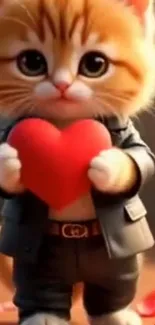 Cute kitten in suit holding a red heart.