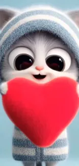 Cute cartoon kitten holding a red heart.