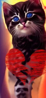 Adorable kitten with blue eyes and red heart art on wallpaper.