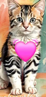 Adorable kitten with a pink heart on colorful background.