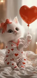 White kitten in pajamas with a heart balloon.