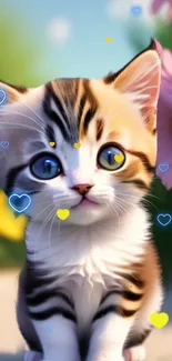 Adorable tabby kitten with blue and yellow hearts wallpaper.