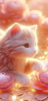 Cute kitten with glowing lotus flowers.