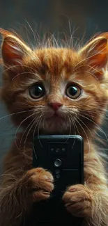 Cute kitten holding a mobile phone, perfect for a wallpaper.