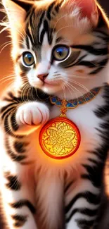 Adorable kitten with a glowing pendant on an orange background.