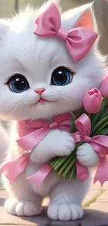 Adorable white kitten with pink bow holding tulips