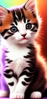 Adorable kitten with a colorful rainbow glow background.